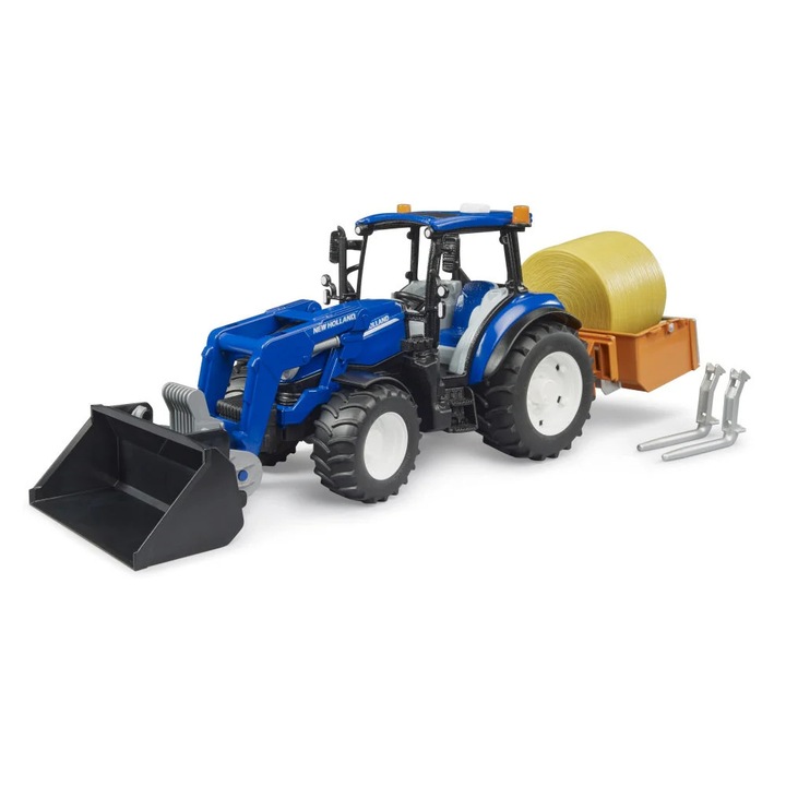 Set Bruder Tractor New Holland T5 cu remorca basculabila, furci si baloti, 1:16, multicolor