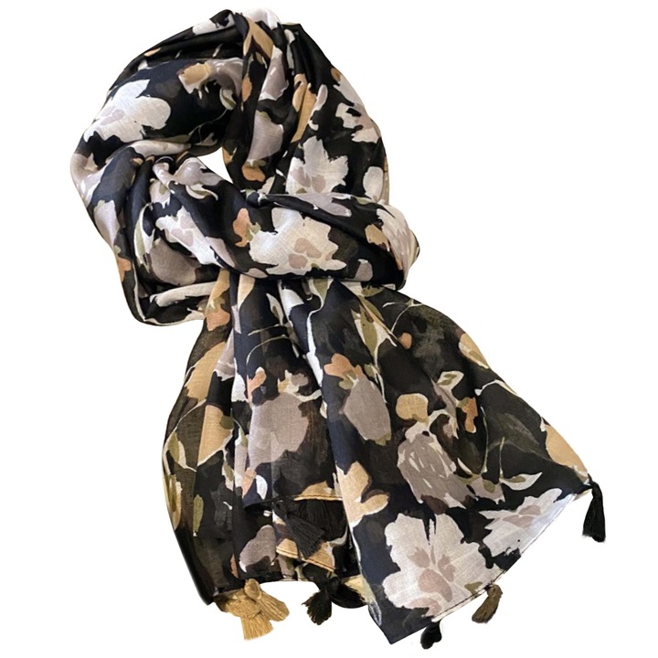 Елегантен дамски шал, с флорален модел и ресни, Kamea, многоцветен, 180x90 см