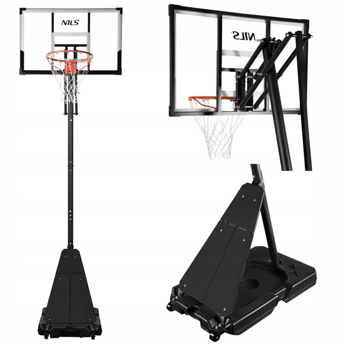 Кош за баскетбол Nils, комплект с табло и стойка, регулируема височина 1,5-3,05 м, дъска 108x69 см, обръч 45 см, основа PE