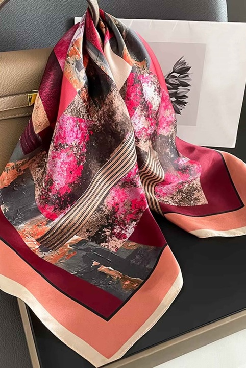 Копринен шал 70х70 KAMEA, абстрактен, бордо, черен, с геометричен модел