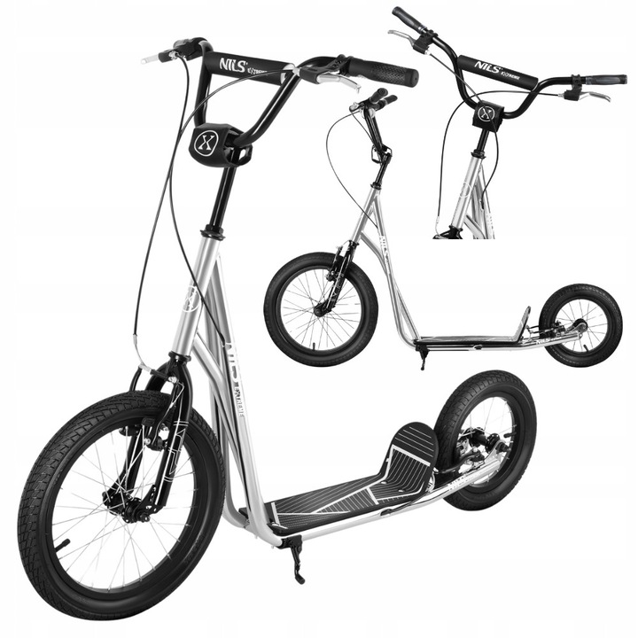 Тротинетка Nils Extreme WH10121, помпащи се гуми 16" и 12", алуминий, сребристо-черна, 123x66x94см, пълен комплект