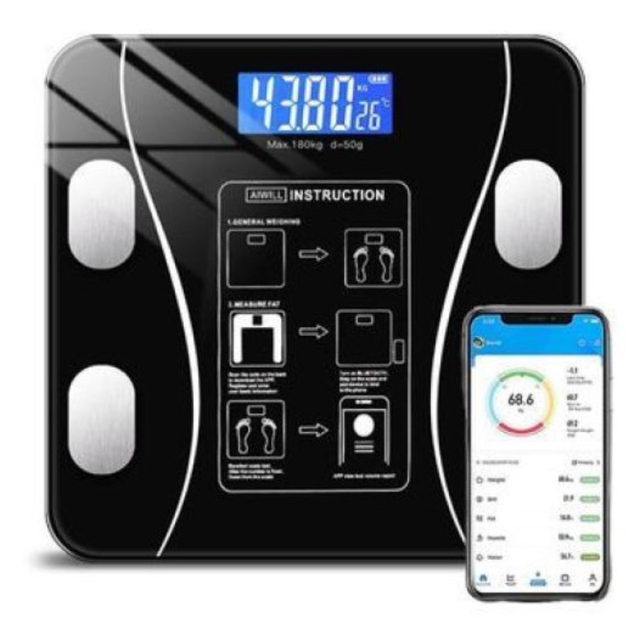 Intelligens személymérleg, testösszetétel elemzés, fekete, 26x26cm, AAA elemes