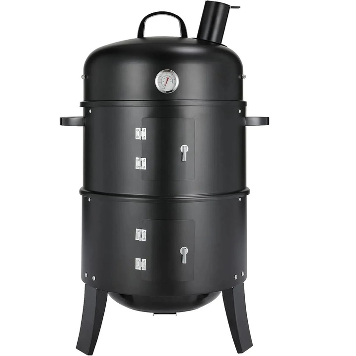 Füstaroma a faszenes grillezéshez, 3 az 1-ben függőleges, Ø45cm, hőmérővel, füstcsővel, fekete