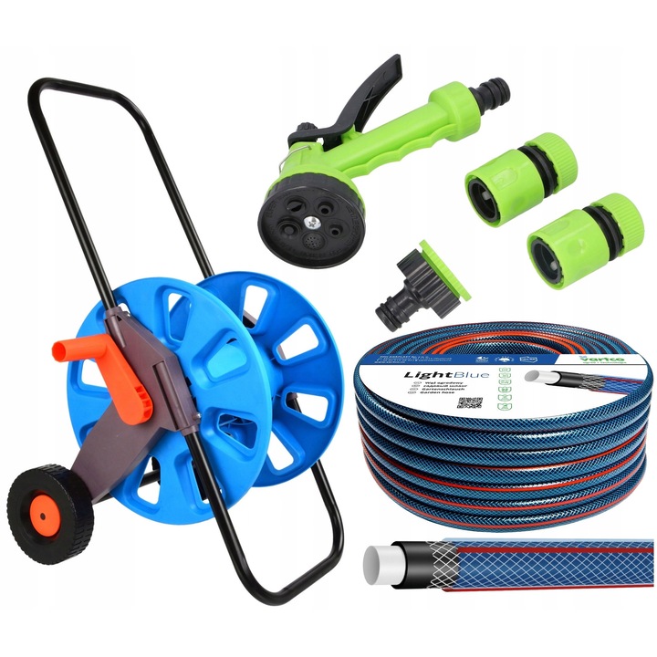 Комплект градински маркуч Geko 3/4" 20м, количка за маркуч 1/2" 60м или 3/4" 40м, многофункционален пистолет, син, 720мм