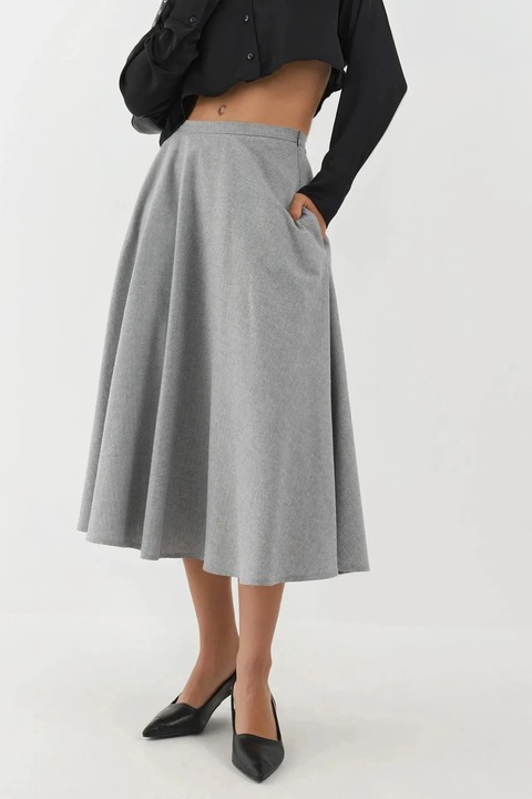 Fusta midi HiCCUP, talie inalta, inchidere cu fermoar, gri, textil