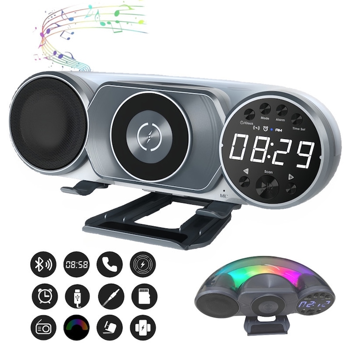 Boxa ceas Bluetooth wireless, incarcare wireless 15W, boxa de birou la moda, boxa Bluetooth, ceas digital, alarma, convorbire hands-free, incarcare USB, AUX-IN, card TF, FM, lumina RGB multicolora, suport pentru telefon, Albastru-cenusiu