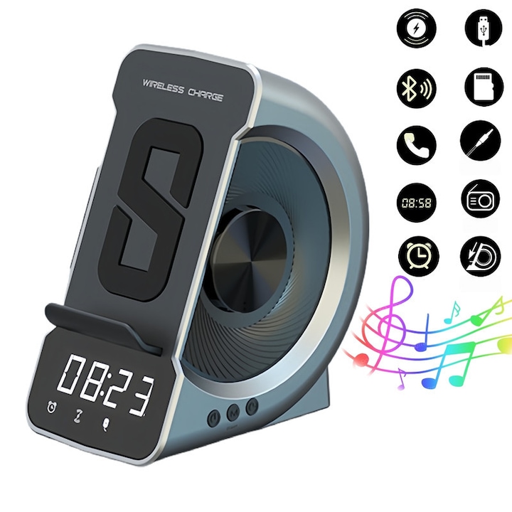 Suport pentru telefon, Boxa Bluetooth cu incarcare wireless rapida 15W, baterie litiu 1200mAh, port de incarcare rapida prin cablu redare muzica Bluetooth, ceas desteptator digital, slot card TF, intrareAUX, apeluri hands-free, radio FM, negru