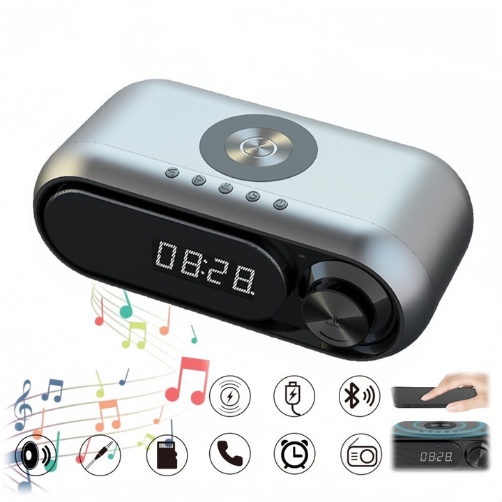 Boxa cu ceas Bluetooth si incarcare wireless, incarcare wireless 15W, incarcare rapida prin cablu, Bluetooth wireless, AUX-in, card TF, hands-free, ceas digital, alarma, radio FM, amplificare bas, noptiera/birou/dormitor/bucatarie, gri metalizat