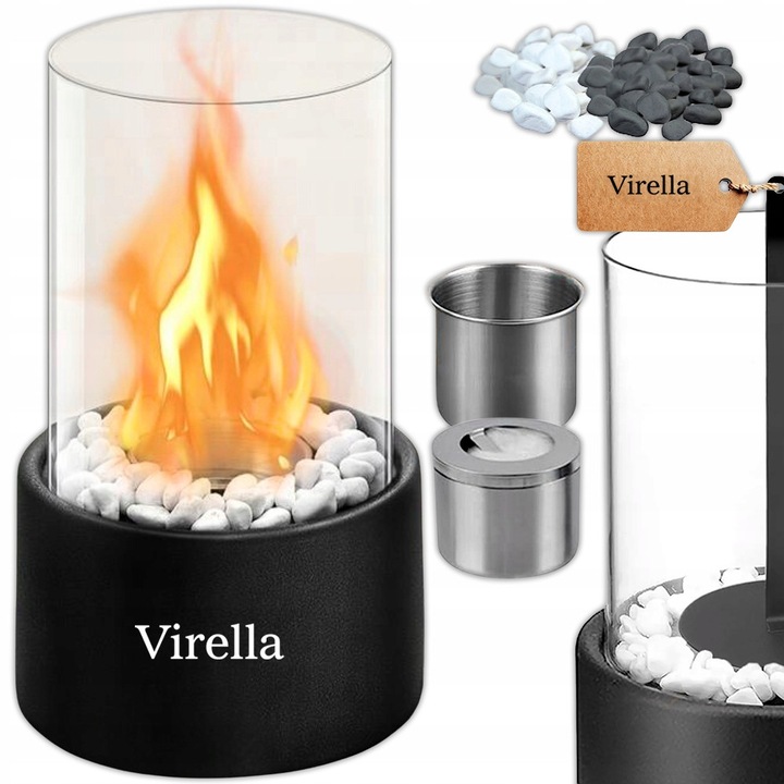 Virella füstmentes, szabadon álló biokandalló 27×16 cm bioetanollal működő | Otthonra, erkélyre, teraszra, kertbe | Bóroszilikát üveg, dekoratív kövek, oltóeszköz