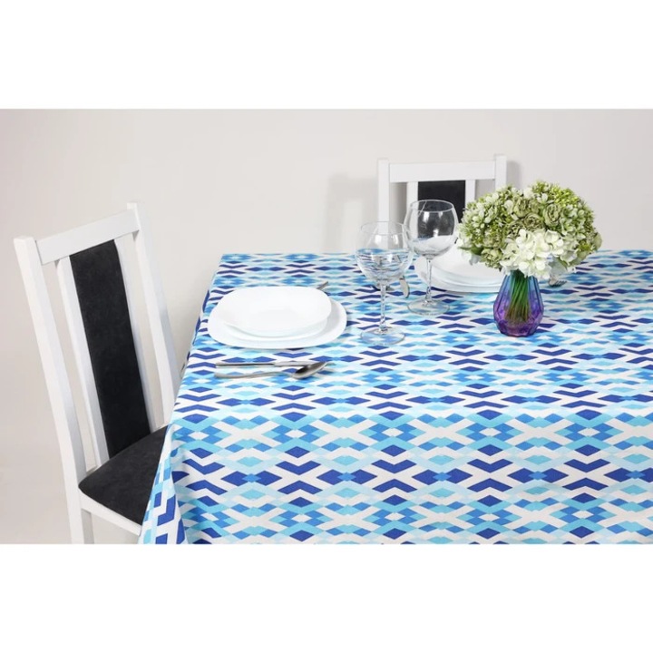 Fata de masa Caressa 10027, bumbac, cu imprimeu, alb + albastru, 140 x 180 cm