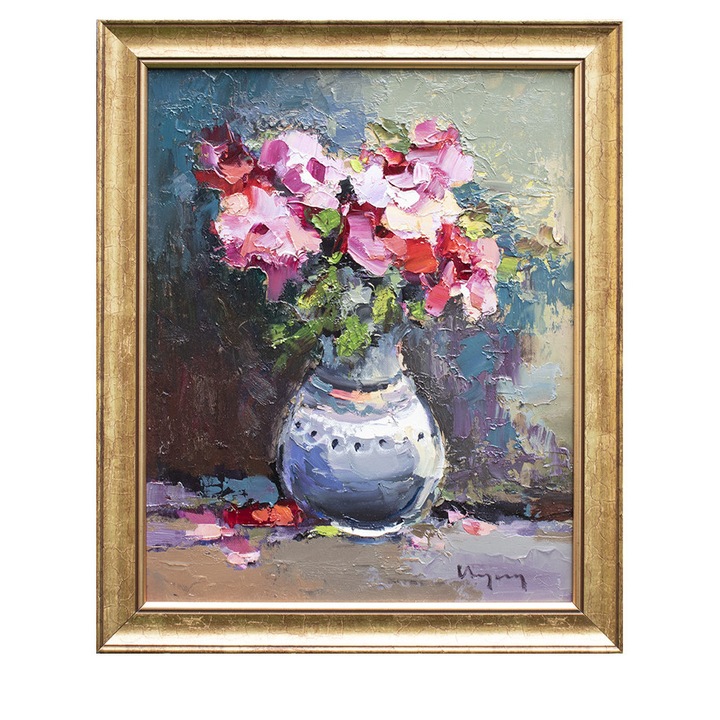 Tablou cu azalee pictat manual inramat, Puritate, 45x35cm ulei pe panza, rama din lemn, Geo Ungureanu