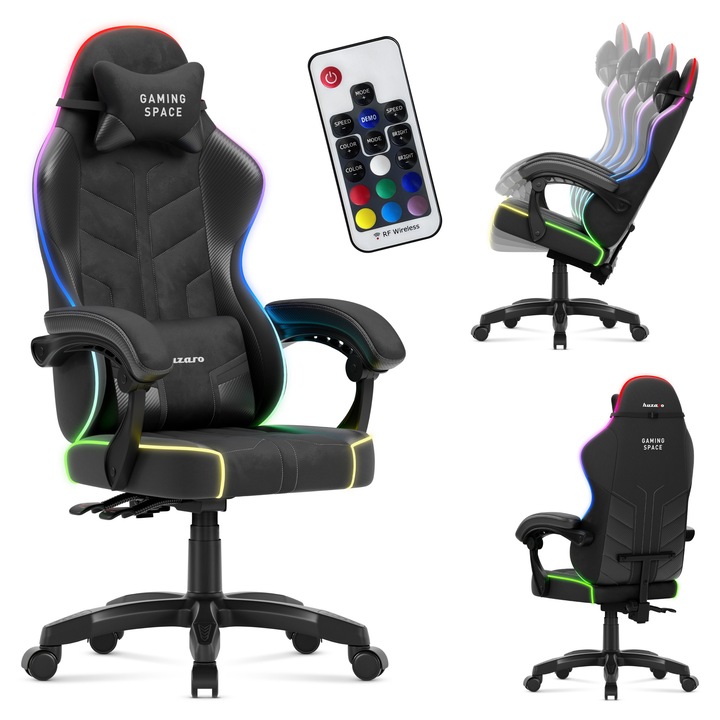 Scaun gaming Huzaro Force 2.7, reglabil, ergonomic, velur, spatar inclinabil pana la 135°, sarcina maxima 140 kg, Negru/multicolor