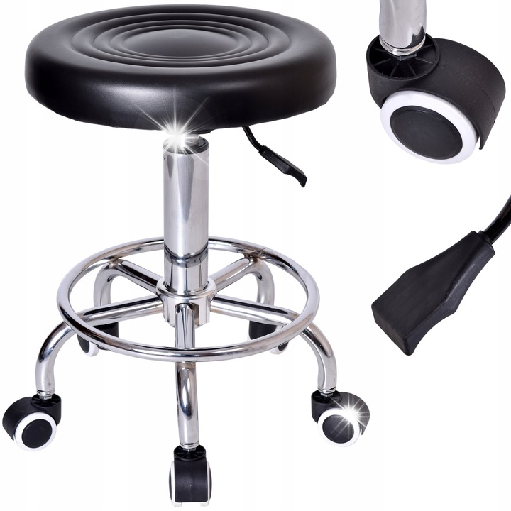 Въртяща се табуретка за фризьорски салон eHokery, 62 см, екологична кожа, черно/сребристо