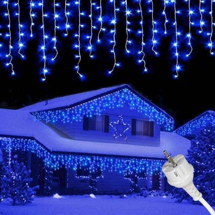 Instalatie Craciun Tip Turturi/Franjuri SIKS, 75 Metri, 1500 Led-uri, Pentru Casa / Gradina / Gard, Cu 1 Joc De Lumini Alb Rece Intermitent, Franjuri Curgatoare, Exterior/Interior, Fir Alb, Interconectabila, Rezistenta La Apa, Albastru
