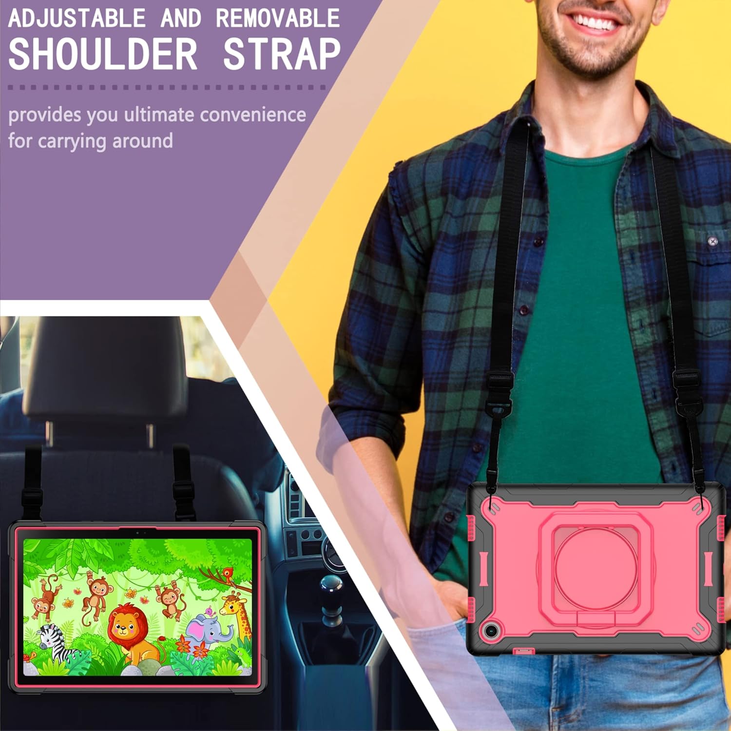 Husa tableta, Sigloo, Shockproof Armor pentru Amazon Kindle Fire HD8, 2 în 1, cu suport rotativ, Negru / Roz