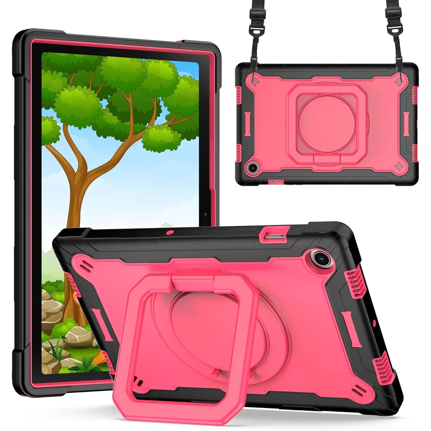 Husa tableta, Sigloo, Shockproof Armor pentru Amazon Kindle Fire HD8, 2 în 1, cu suport rotativ, Negru / Roz