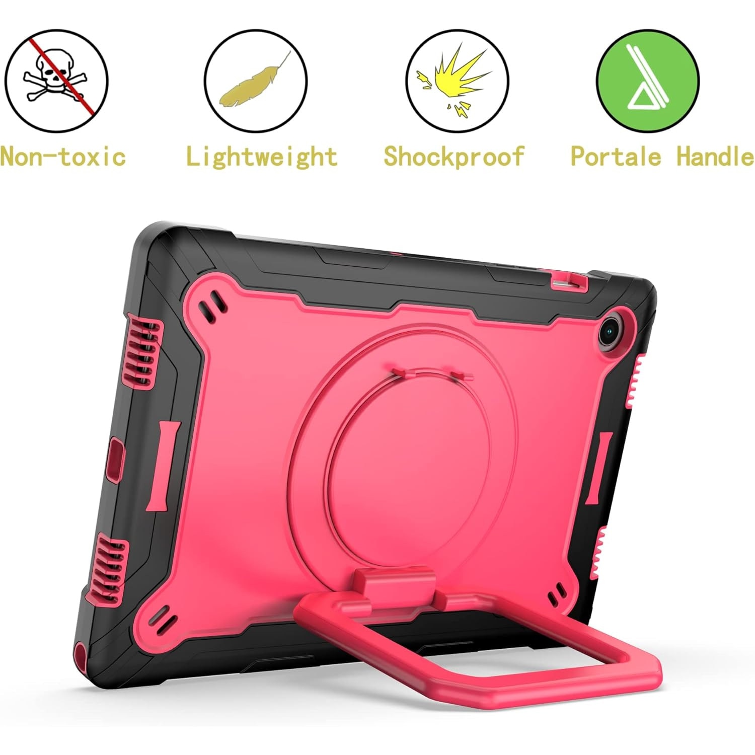 Husa tableta, Sigloo, Shockproof Armor pentru Amazon Kindle Fire HD8, 2 în 1, cu suport rotativ, Negru / Roz