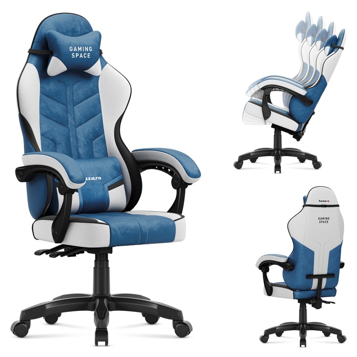 Scaun gaming, Huzaro, Force 2.7, reglabil, ergonomic, velur, spatar inclinabil pana la 135°, sarcina maxima 140 kg, Roti: cauciuc poliuretanic, iluminare RGB, Albastru