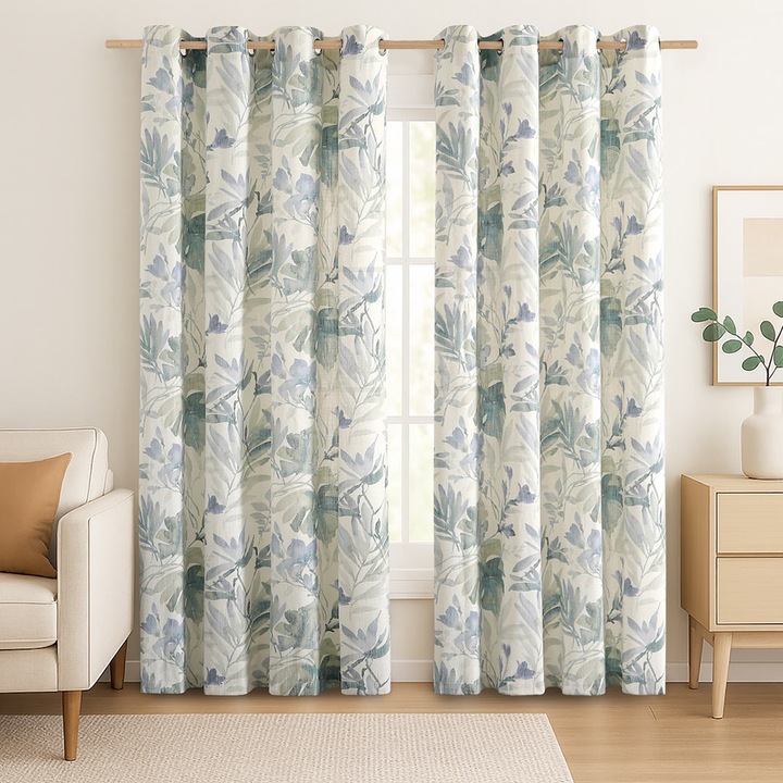 Завеса с халки, флорален модел, Aysel, плътност 200 g/m2, 135 x 250 см, зелен