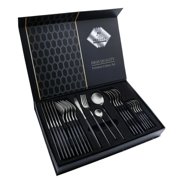 Комплект португалски прибори, Silver Collection, 24 части, неръждаема стомана, елегантен сребрист/черен дизайн, PYKA, черен