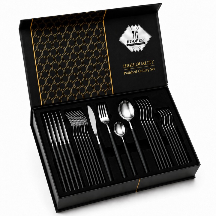 Set Tacamuri Portugheze Premium Silver Collection, 24 Piese pentru 6 Persoane, Inox Premium Stainless Steel, Finisaj Lucios, Design Elegant Modern, Rezistente, Set Linguri Furculite Cutite pentru Bucatarie si Dining, Argintiu/Negru