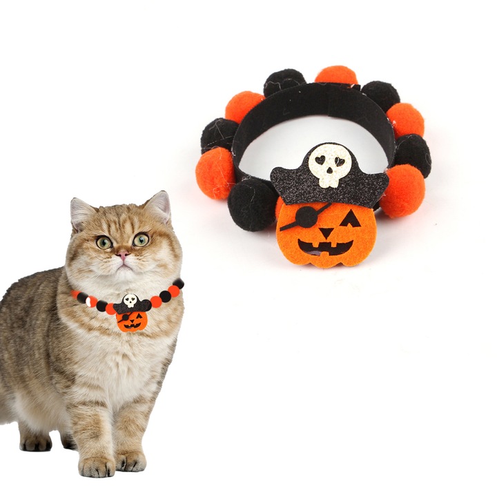 Colier de Halloween pentru pisici, dovleac si pom poms negri-portocalii, material textil, dimensiune ajustabila, 35x2.5cm