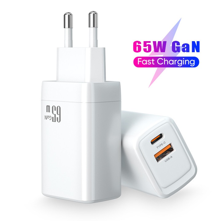 Incarcator Rapid GaN Dual Port PD65W – USB-C 65W si USB-A 18W, Tehnologie GaN, Compact, Intrare 100-240V, Protectii Complete, Ideal pentru Laptop, Ultra-Portabil