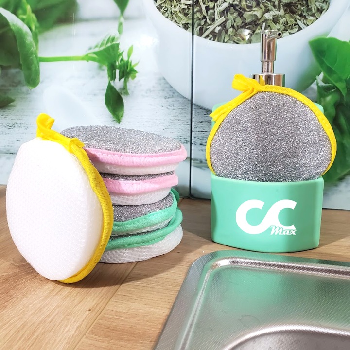 Комплект от 6 гъби CCmax с две лица, 12 x 2.5 см, за съдове и множество повърхности, абразивна страна + фина страна, многоцветни