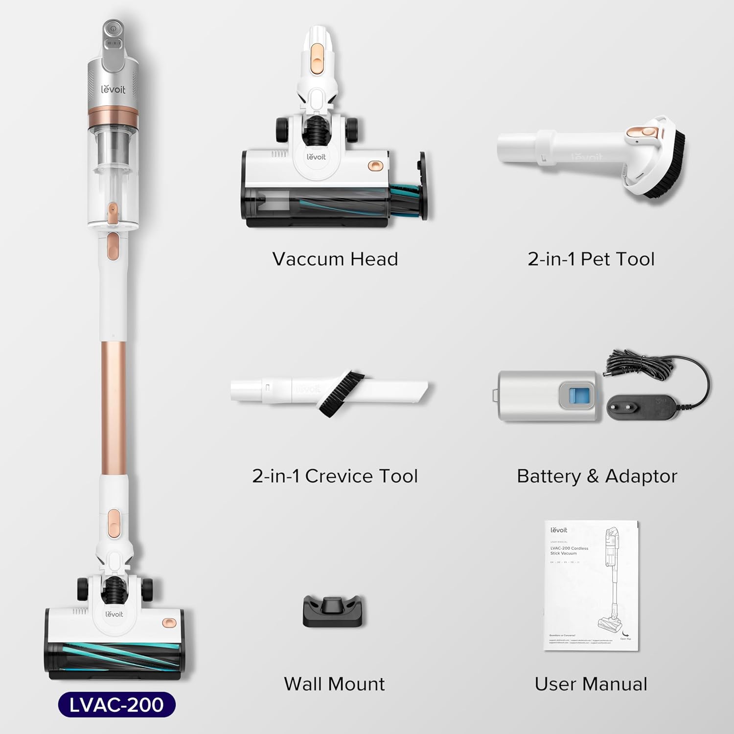 Aspirator vertical LEVOIT, 180W, autonomie 30 minute, 2.7Kg, mod Eco, 3 lumini LED, 3 moduri aspirare, pentru toate suprafetele, Alb/Rose Gold