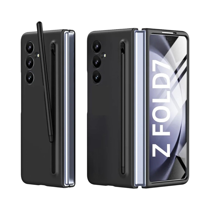 Husa protectie compatibila cu Samsung Galaxy Z Fold 7, cu S-Pen inclus, Slim, Antisoc, Premium Quality, din policarbonat, 2 piese, Negru, ISAG