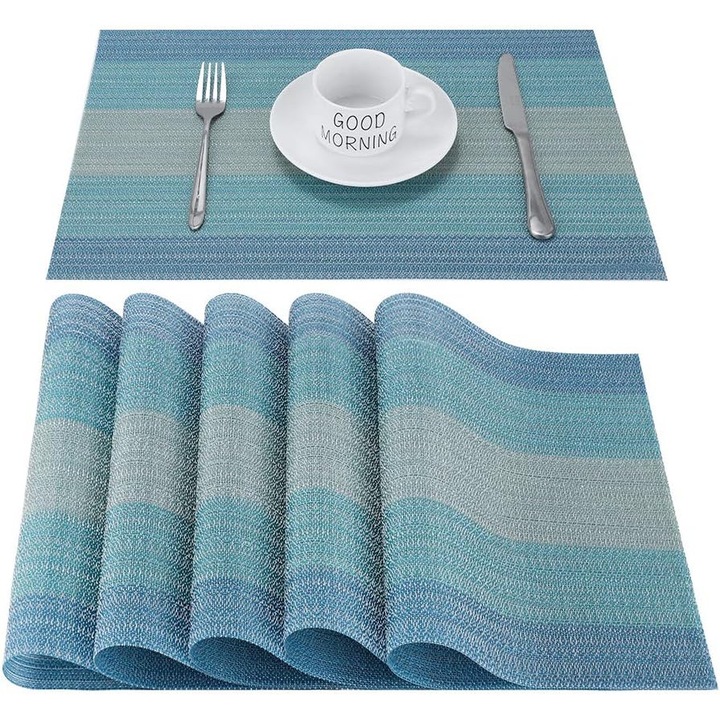Set 6 placemats, PVC, albastru, 30x45cm, rezistent la caldura si usor de curatat