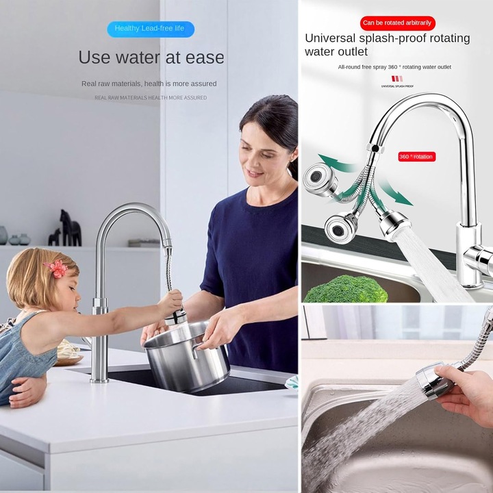 Extensie robinet rotativ, economisire apa, 2 moduri, 360°, accesorii baterii sanitare