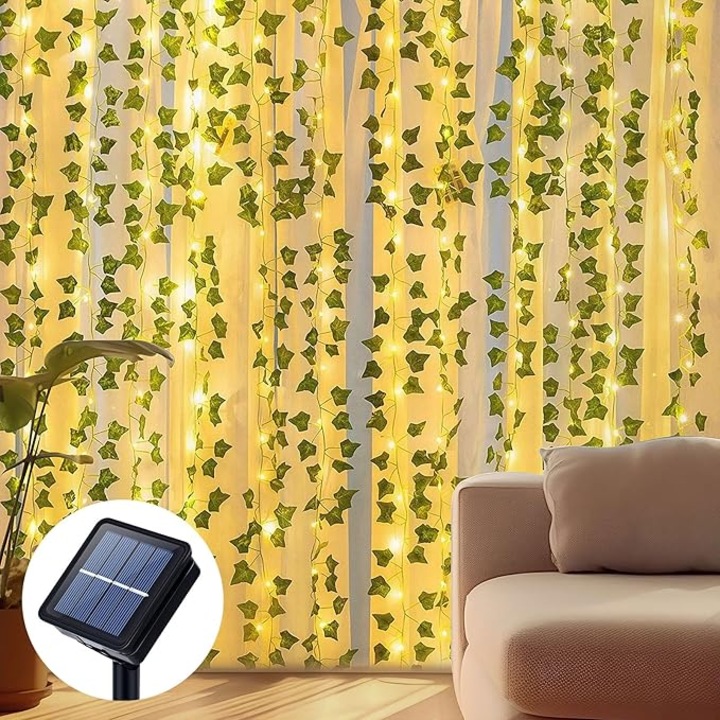 Слънчева светлина със 100 LED-а, 10м, изкуствена бръшлян, 8 режима на осветление, водоустойчива, топло бяла