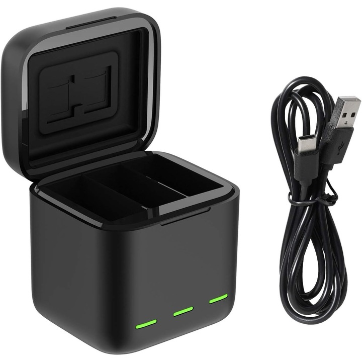 Carcasa de incarcare si Depozitare cu incarcator Triplu pentru Baterii TELESIN, Statie de incarcare cu Cablu USB Tip-C pentru Accesorii GoPro 13 Originale, pentru GoPro Hero 13, Negru