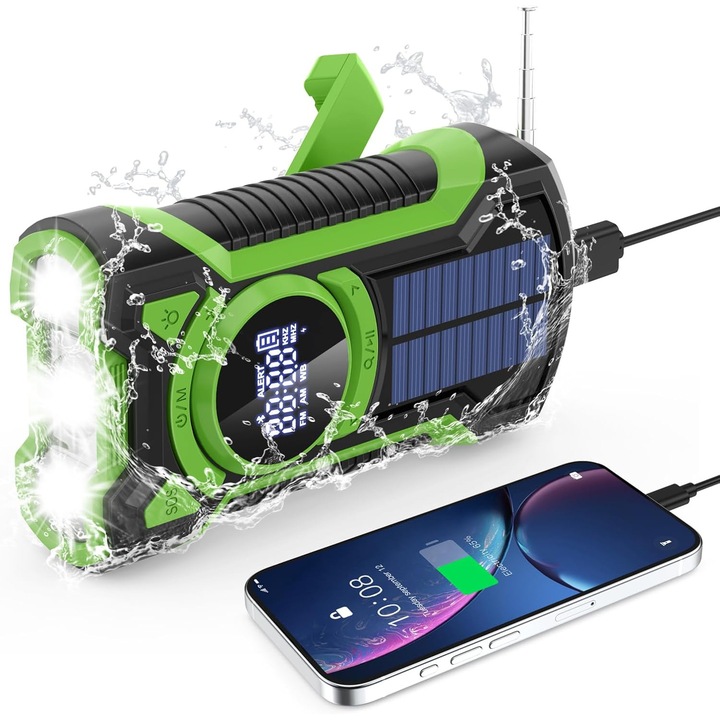 Radio de urgenta portabil, 5000mAh, solar si cu manivela, rezistent la apa IP65, Bluetooth 5.3, cu lanterna si incarcator pentru telefon - Verde.
