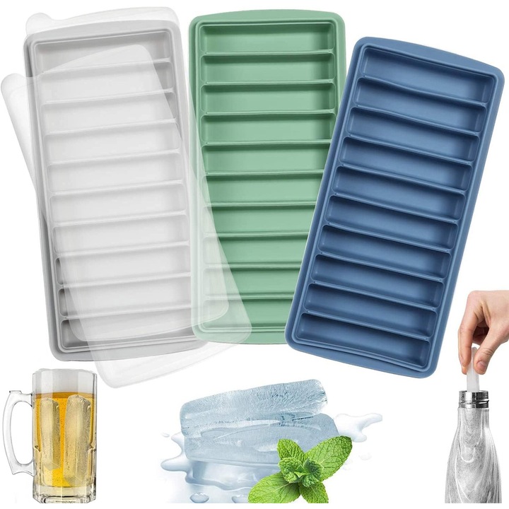 Set de 3 forme cuburi de gheata din silicon, cu capac, dimensiuni 24x11.5x3cm, pentru sticle cu deschideri mici