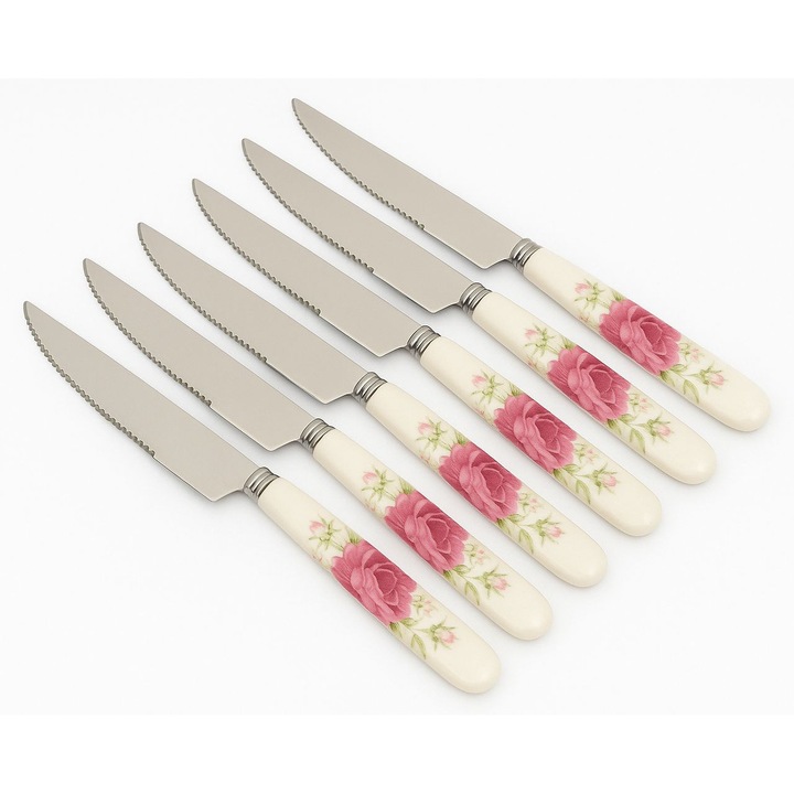 Set 6 cutite inox cu maner din portelan, model floral elegant