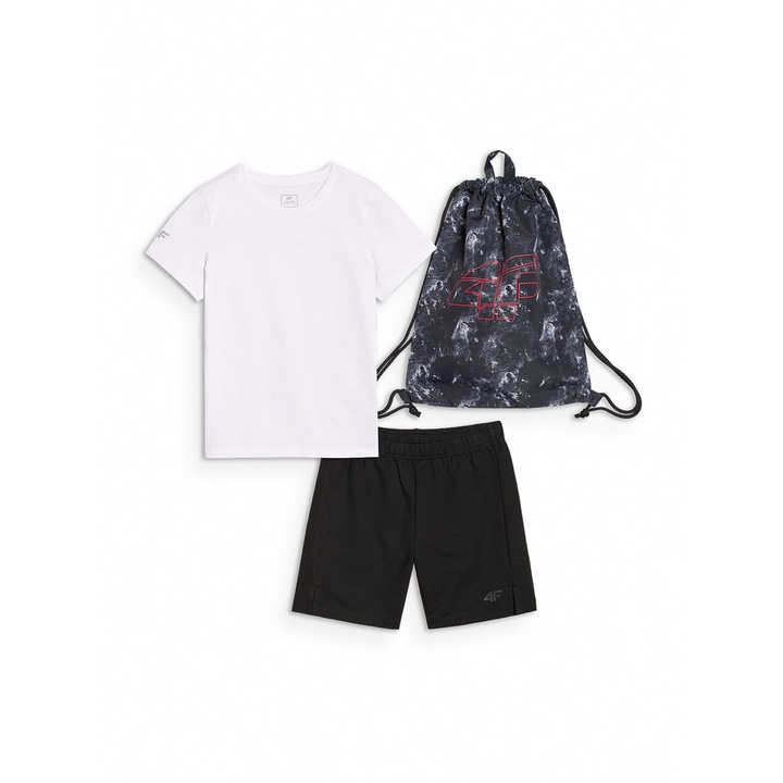 Trening 4F pentru baieti, tricou si pantaloni scurti, negru, tricot