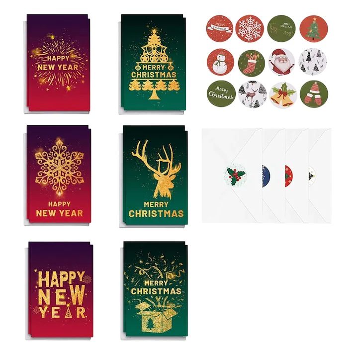 Set 24 piese, 12 felicitari si 12 plicuri pentru Craciun, 15 x 10 cm, hartie, multicolor