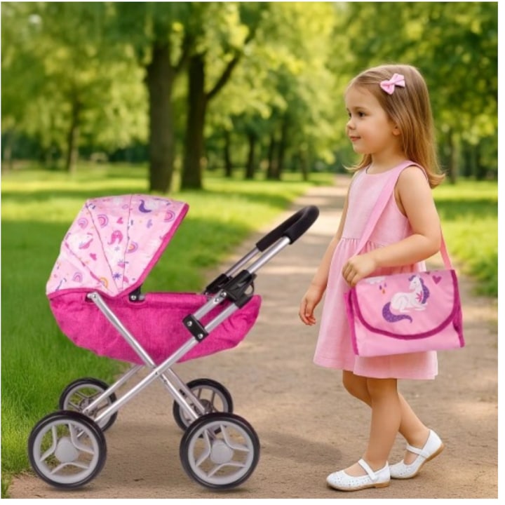 Интерактивна играчка, Идеална количка за кукли тип кош, Регулируема дръжка, Висококачествен материал, Лесна за сгъване, Модерен дизайн, 58 x 38 x 54 см, Розова