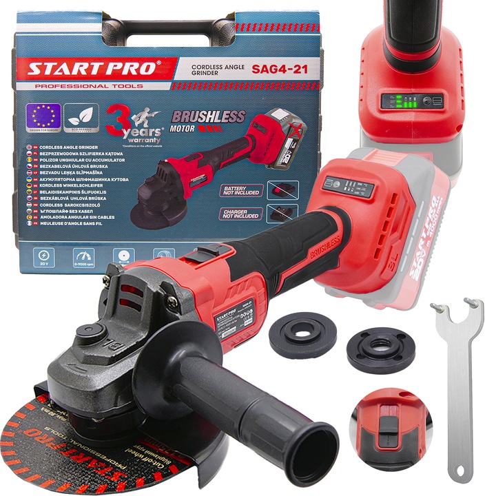 Akkumulátoros sarokcsiszoló StartPro SAG4-21, 125mm tárcsaátmérő, 9 000 RPM, változtatható sebesség, akkumulátor/töltő nélkül, szállítókoffer + tartozékok