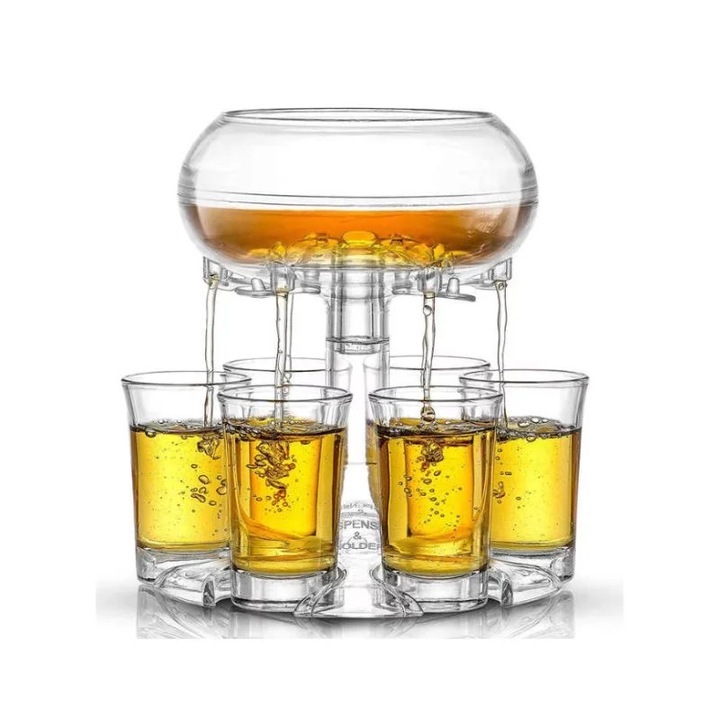 Set dispenser bauturi 6 shoturi, acril transparent, set pahare 45ml, accesorii bar petrecere