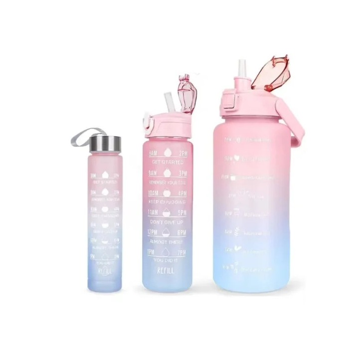 Комплект от 3 бутилки за вода, спортни, с мотивационни послания, 2L, 750ml, 300ml, пластмаса без BPA