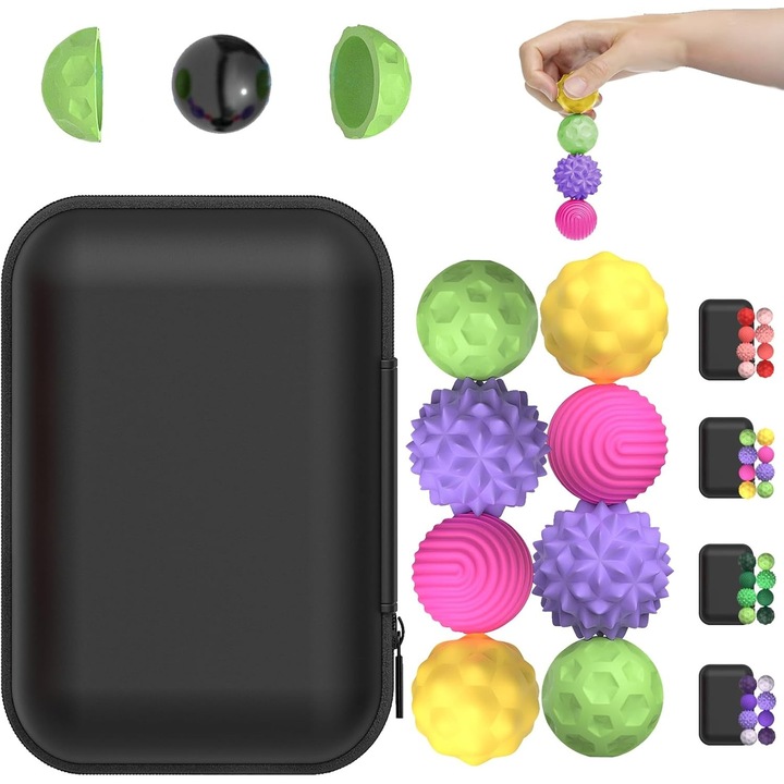 Set 8 Bile Magnetice Anti-Stres, Buyya®, Jucarie Terapeutica pentru Anxietate si Concentrare, Silicon Senzorial cu 4 Texturi, Cu carcasa din silicon, Multicolor