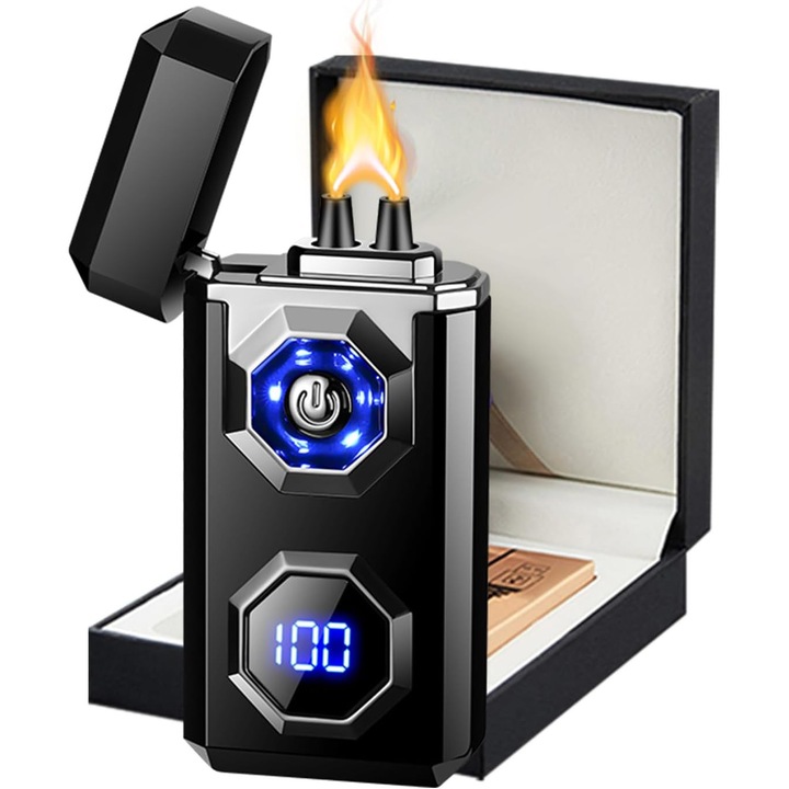 Bricheta Electrica Arc, Buyya®, Reincarcabila, Lanterna SOS, Rezistenta la Vant, USB-C Incarcare Rapida 45min, Afisaj LED, Set Cadou, Pentru lumanari, betisoare de tamaie, Negru