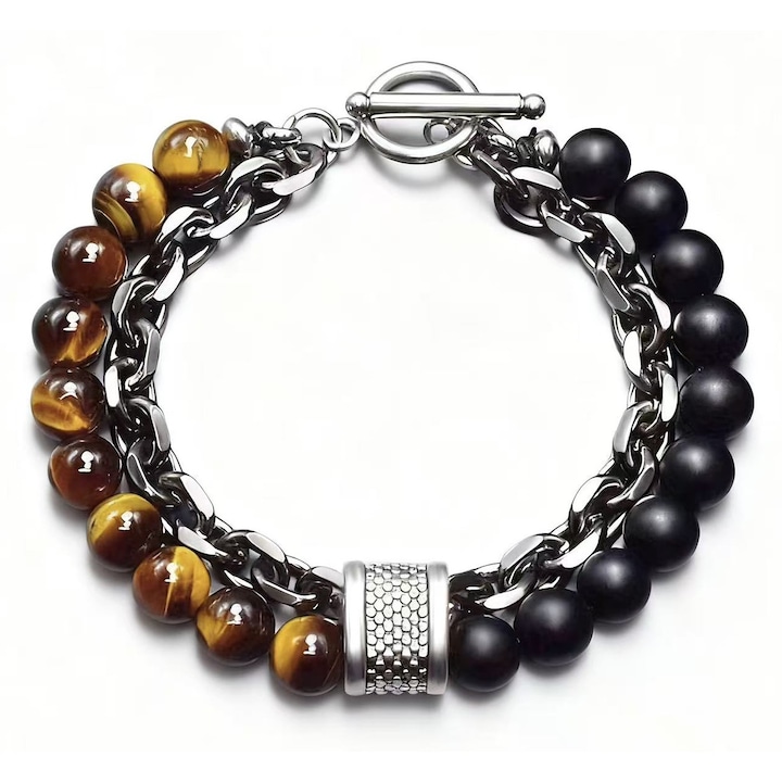 Bratara barbati din otel titan, stil hip-hop, strat dublu, piatra ochi de tigru