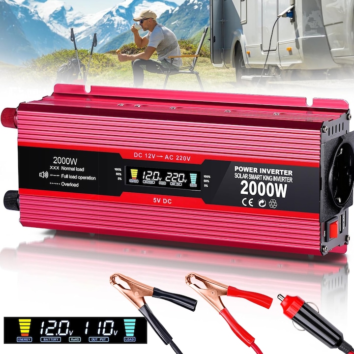 Invertor de tensiune，FOLIXS®，12V – 220V, putere de iesire 800W-2000W，display LED，2x USB, AC Power Sockets，racire intelligent，protectie la suprasarcina，cu Bricheta auto si Clip baterie，pentru Rulote, camping，auto，casa independenta，aliaj de aluminiu