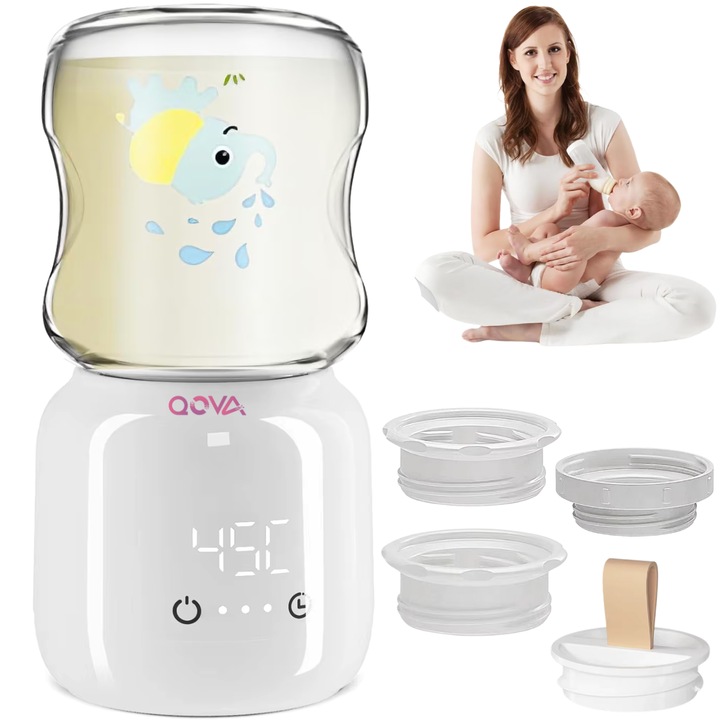 Портативен подгревател за бебешки шишета QOVA® – Бързо загряване за 3-5 минути, за мляко или вода, безжичен, електрически, включени 3 адаптера за шишета, 4 степени на температура, поддържане на топлина, дигитален дисплей, USB зареждане, универсална съвмес