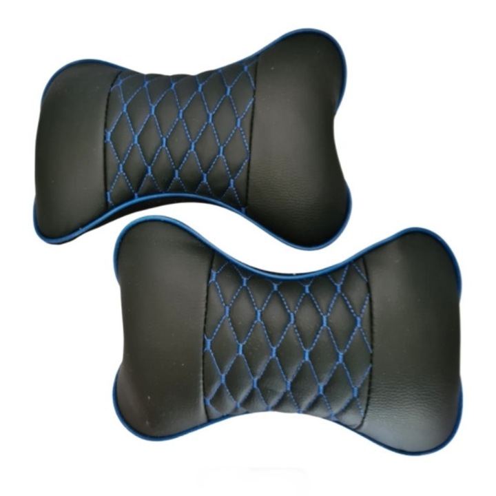 Set 2 perne tetiere idealSTORE Universale sustinere gat, Material Textil moale si usor de curatat, Elegant, cu margini moi care nu provoaca iritatii ale pielii, Negru- Albastru