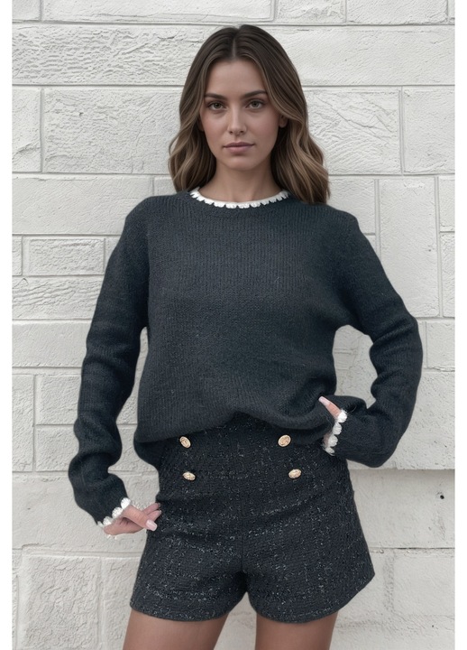 Черен плетен пуловер A-9020 M9 18196, Черен, One Size